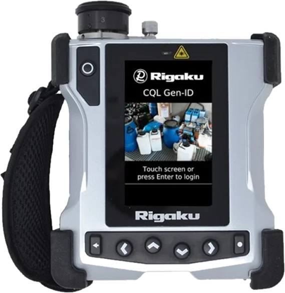Rigaku CQL Gen-ID handheld Raman analyzer with black bumpers and a CQL Gen-ID login screen