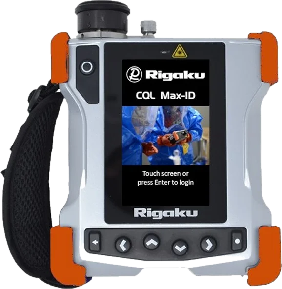 Rigaku CQL Max-ID handheld Raman analyzer with orange bumpers and a CQL Max-ID login screen