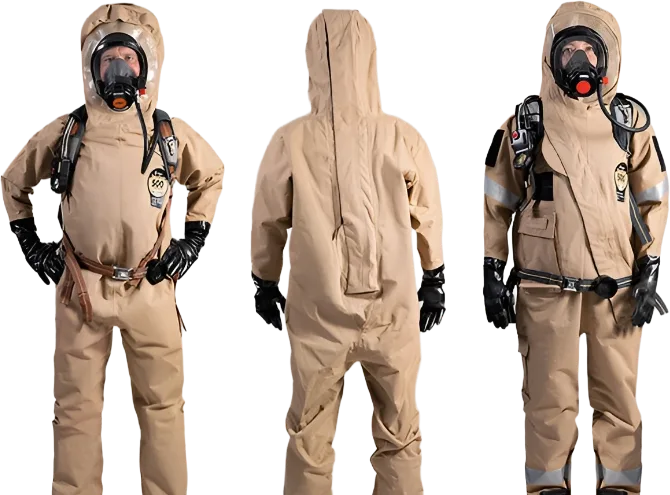 Three views of the Khaki DuraChem 500: front with SCBA harness, back showing the rear-entry zipper flap, and a front-entry suit with SCBA