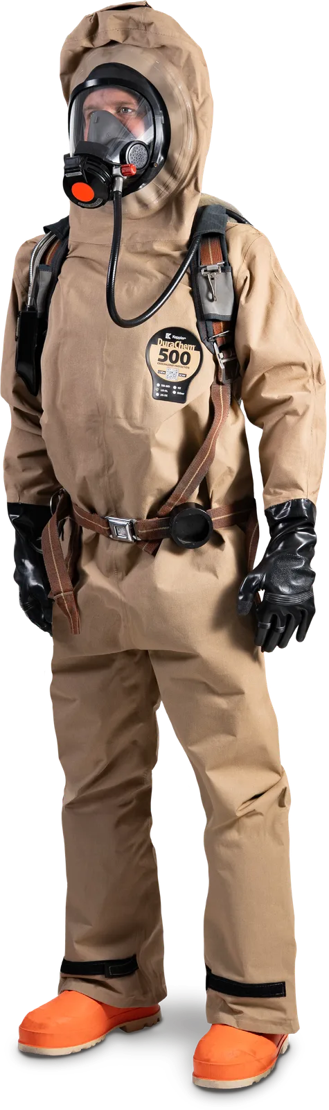 Responder wearing a Khaki Kappler DuraChem 500 rear-entry suit with SCBA face piece, harness and black gloves