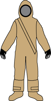 Line drawing of the DuraChem 500 front-entry coverall with diagonal zipper flap, attached hood and gloves