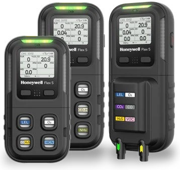 Three Honeywell Flex 5 Series detectors: a 4-way diffusion unit in front, a 6-way diffusion unit behind it and a 6-way pumped unit with sample inlets on the right