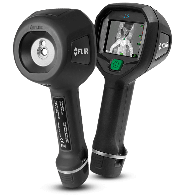 Two FLIR K2 thermal imaging cameras, one showing the lens side and one the screen side with the green power button