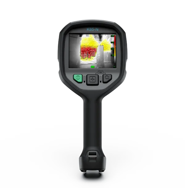 FLIR K85-N screen side: 4-inch display showing a thermal scene above the three control buttons