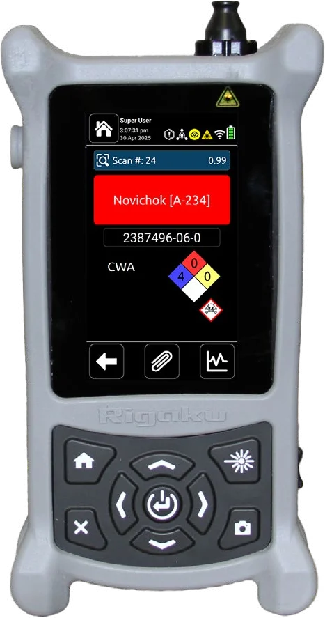 Rigaku Icon-X handheld Raman analyzer showing a result screen
