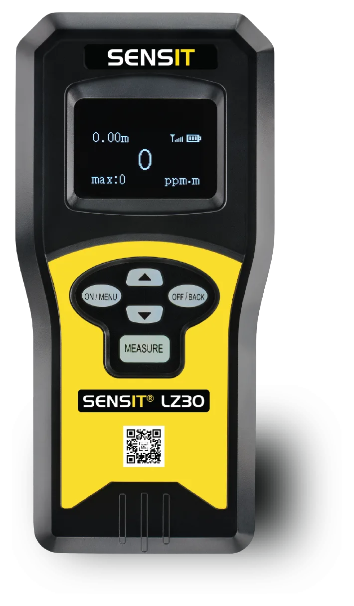 Sensit LZ30 remote methane detector, front view in its black and yellow boot, OLED display showing distance, reading, peak and ppm·m