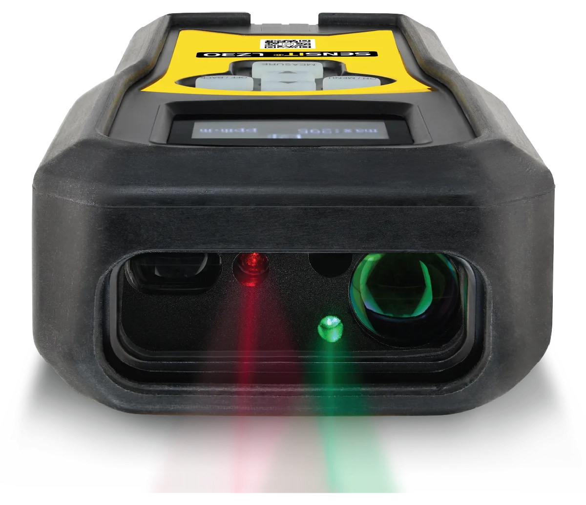 Nose-on view of the Sensit LZ30 showing its laser apertures, with a red distance beam and a green targeting beam leaving the front of the instrument