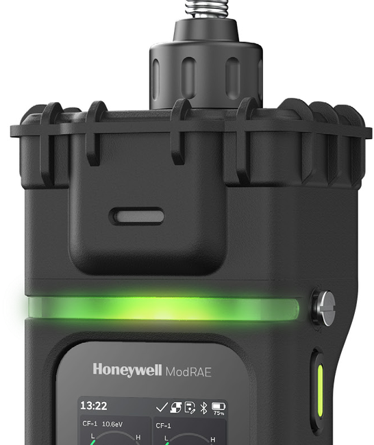 Honeywell ModRAE modular gas detector with sensor probe and green status ring