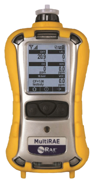 Honeywell MultiRAE in a yellow rubber boot, display showing OXY, LEL, CO, H2S and 10.6 eV VOC readings