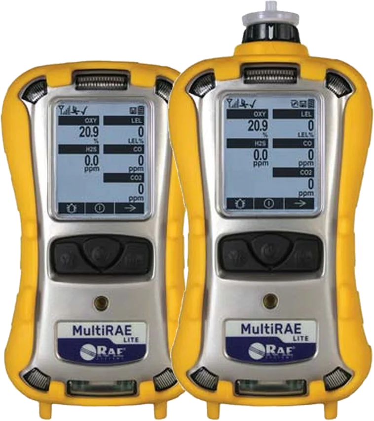 Honeywell MultiRAE Lite diffusion version (left) and pumped version with top gas inlet (right)
