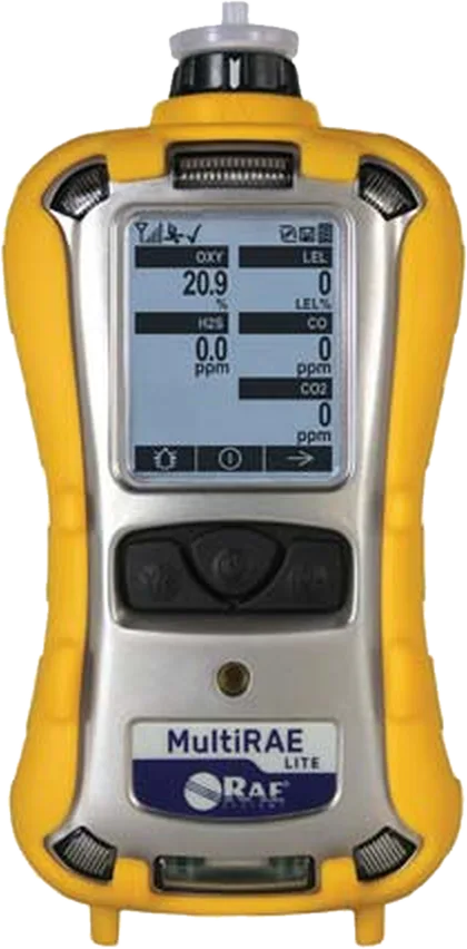Honeywell MultiRAE Lite pumped version in a yellow rubber boot, display showing OXY, LEL, H2S, CO and CO2 readings