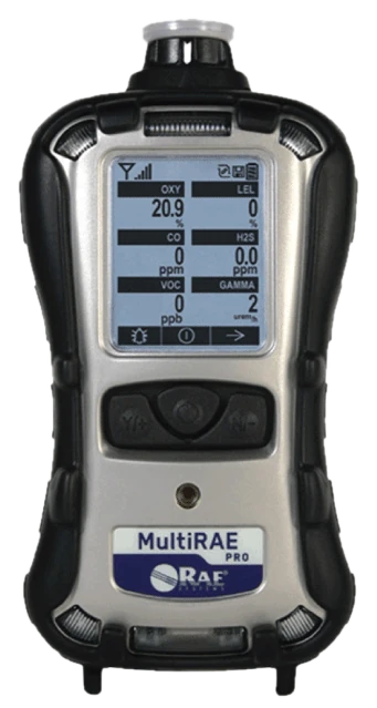 Honeywell MultiRAE Pro in a black rubber boot, display showing OXY, LEL, CO, H2S, VOC and GAMMA readings