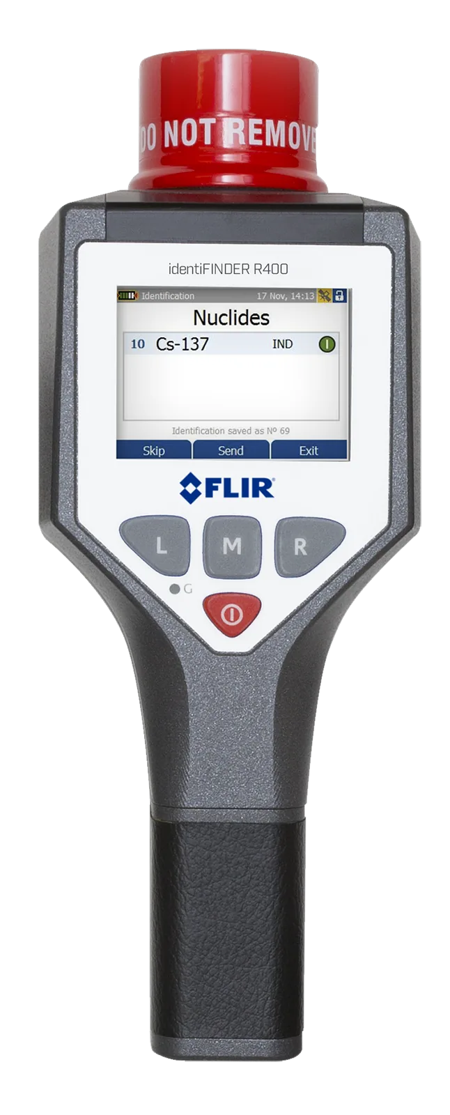 FLIR identiFINDER R400 handheld radionuclide identification device, front view, with the Nuclides identification screen showing Cs-137
