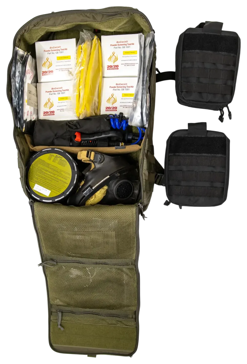 Sentinel Pack opened from above with four BioCheck powder screening test kit boxes, yellow packs and a decon sprayer loaded inside, two black pouches beside it, and a respirator that is not included