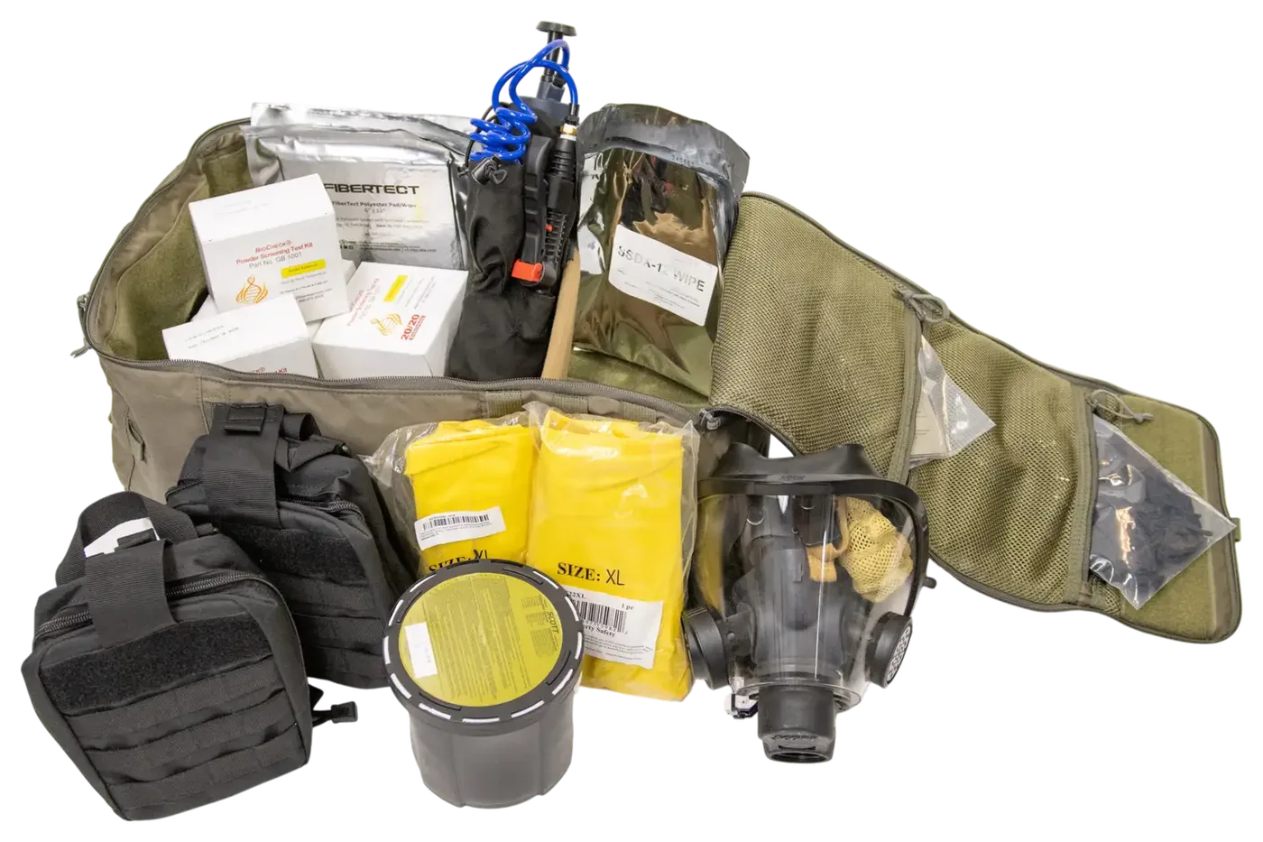 Sentinel Pack laid open flat with BioCheck boxes, FiberTect and wipe packets, a decon sprayer, yellow packs and black pouches in front, plus a respirator and canister that are not included