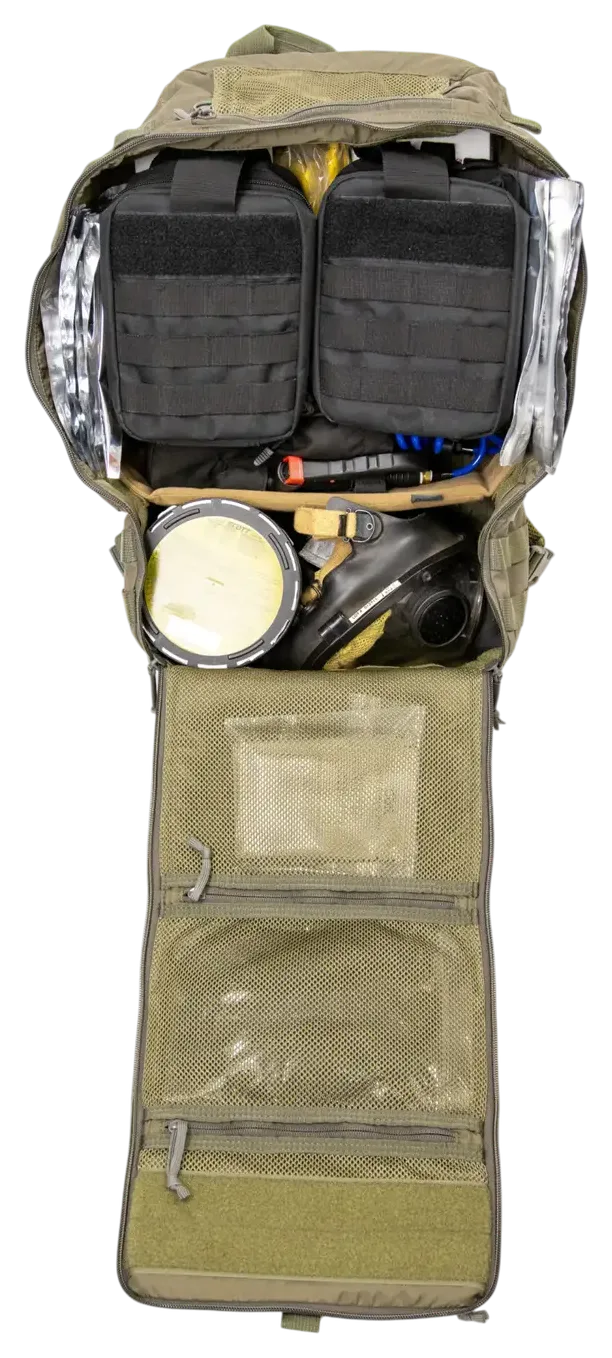 Sentinel Pack opened from above with its black pouches loaded inside the olive backpack, plus a respirator and canister that are not included