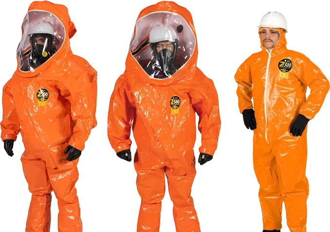 Two orange Kappler Zytron 500 vapor total encapsulating suits beside an orange Zytron 500 hooded coverall